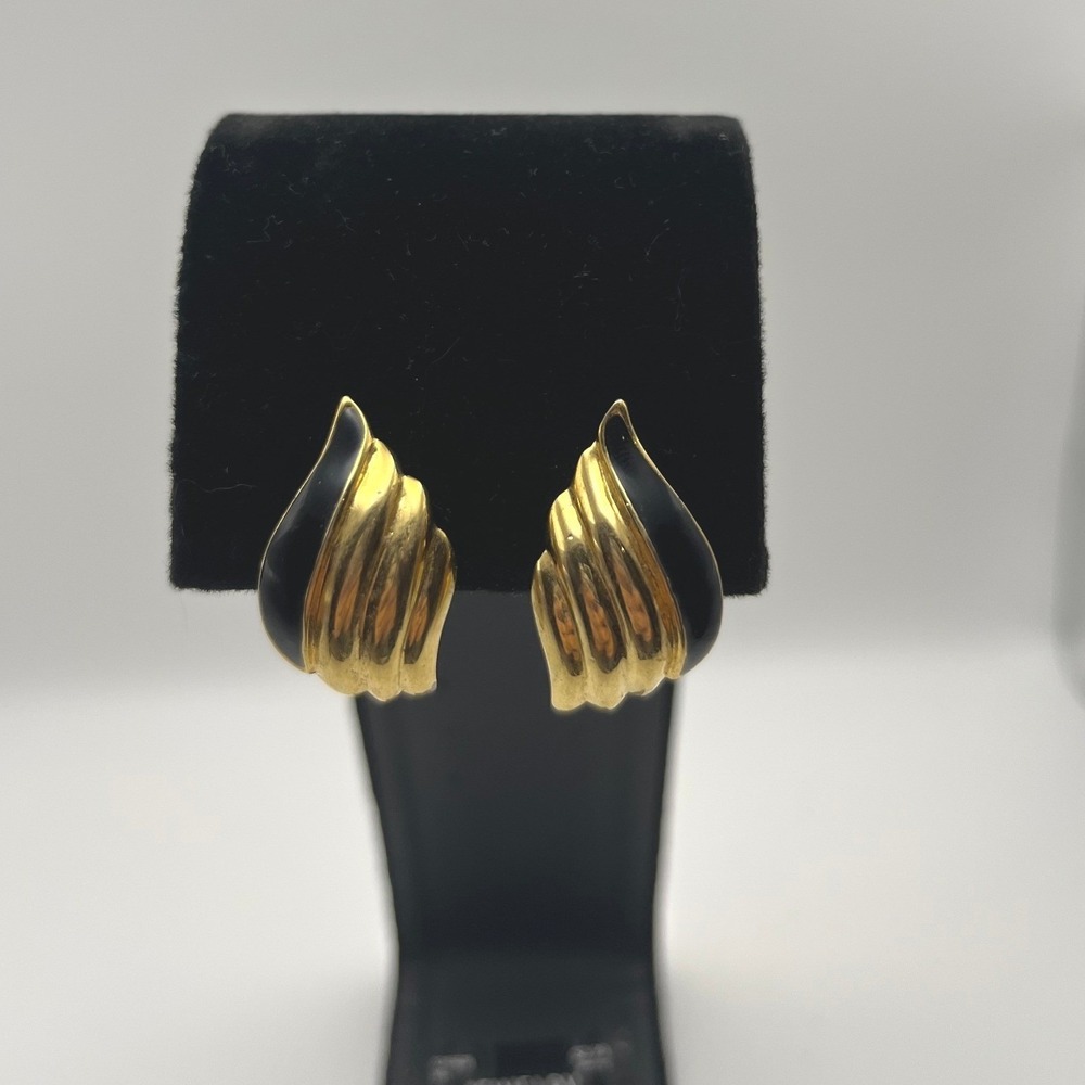Napier Gold Black Shell‎ Fan Clip On Earrings Elegant Coastal Chic